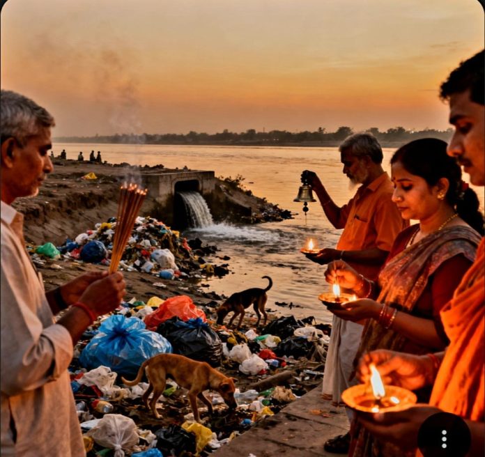 Dusk is falling on the banks of the Yamuna