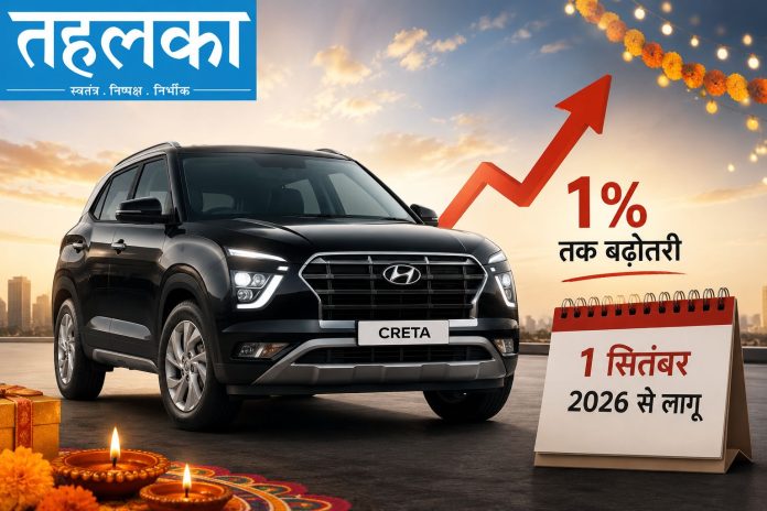 1 सितंबर 2026 से Hyundai Creta की कीमतें 1% तक बढ़ेंगी, त्योहारों से पहले कीमत बढ़ोतरी 1 सितंबर 2026 से Hyundai Creta की कीमतें 1% तक बढ़ेंगी, त्योहारों से पहले कीमत बढ़ोतरी