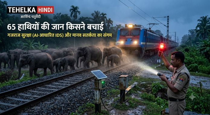 असम के होजाई में रेलवे ट्रैक पार करता हाथियों का झुंड
