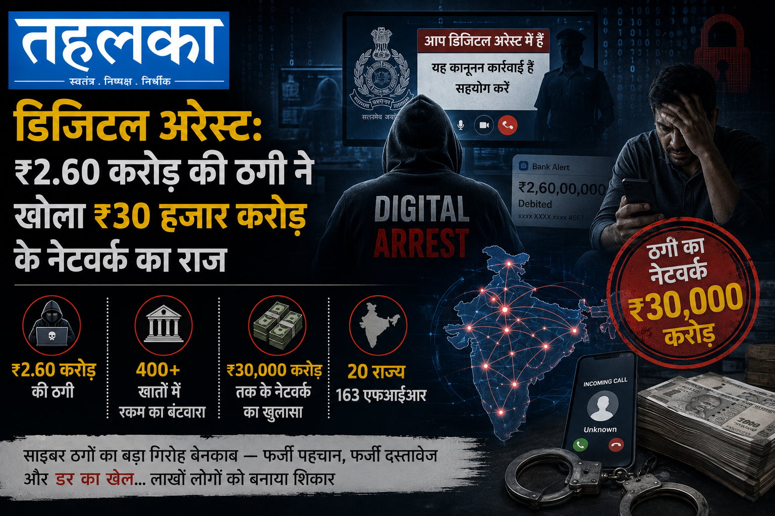 ईडी ने गोवा डिजिटल अरेस्ट फ्रॉड मामले में 30000 करोड़ के मनी लॉन्ड्रिंग नेटवर्क का पर्दाफाश किया गोवा की एक महिला से 'डिजिटल अरेस्ट' के नाम पर ₹2.60 करोड़ की ठगी की जांच में प्रवर्तन निदेशालय (ईडी) को एक बड़ा मनी लॉन्ड्रिंग नेटवर्क मिला है। 400 से ज्यादा खातों में रकम का बंटवारा, 20 राज्यों में 163 एफआईआर और 330 शिकायतों से जुड़े तार। नेटवर्क से जुड़े 27,850 करोड़ रुपये से ज्यादा के बैंकिंग लेन-देन और 2,904 करोड़ की नकद जमा सामने आई है। ईडी ने दो लोगों को गिरफ्तार किया है।