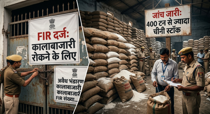 बिहार में 400 टन से ज्यादा चीनी स्टॉक पर FIR, कालाबाजारी रोकने के लिए जांच के आदेश बिहार में चीनी स्टॉक की जांच करते अधिकारी