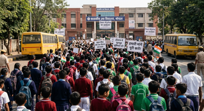 मध्य प्रदेश में Gen Alpha का आंदोलन, स्कूल, बस किराए और हॉस्टल की समस्याओं पर सड़क पर उतरे बच्चे मध्य प्रदेश में स्कूल और हॉस्टल सुविधाओं को लेकर प्रदर्शन करते छात्र