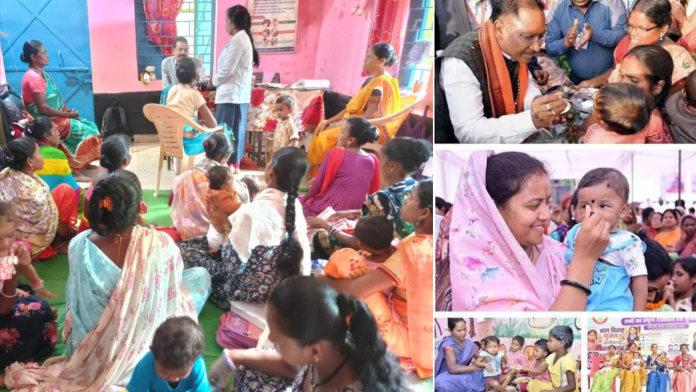 शिशु संरक्षण माह छत्तीसगढ़ में स्वस्थ बचपन और सुरक्षित भविष्य के लिए विशेष अभियान शिशु संरक्षण माह के दौरान बच्चे को स्वास्थ्य और पोषण संबंधी सेवा देते स्वास्थ्यकर्मी