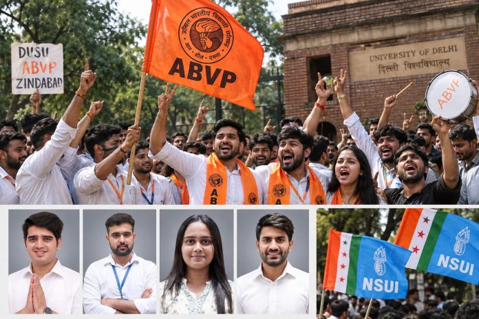 DUSU Election 2026 DUSU Election 2026: ABVP की 3 पदों पर जीत, NSUI ने आखिरी राउंड तक दी कांटे की टक्कर; पढ़िए सुबह से शाम तक बदलती तस्वीर — अध्यक्ष पद पर यश डबास ने विजय शंकर मीणा को 2,053 वोट से हराया; 9वें और 14वें राउंड में अंतर सिर्फ 1 वोट; 11वें राउंड में NSUI 647 वोट आगे; उपाध्यक्ष पद पर निर्दलीय दीपांशु शौकीन की जीत, ABVP के ईशू मौर्य दूसरे; सचिव रिया छावड़ी, संयुक्त सचिव लक्ष्य राज सिंह विजयी; हॉस्टल, सुरक्षा, सोशल मीडिया कैंपेन रहे प्रमुख मुद्दे