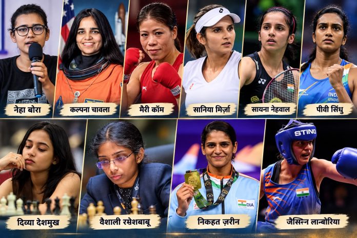 कॉलेज से घर तक सुरक्षित रास्ते की मांग करती छात्राएं कॉलेज से घर तक सुरक्षित रास्ते की मांग करती छात्राएं और भारतीय महिला खिलाड़ियों की उपलब्धियों का प्रतीकात्मक दृश्य