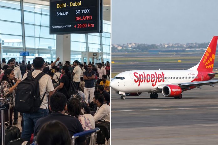 दिल्ली एयरपोर्ट टर्मिनल-3 पर SpiceJet की दिल्ली-दुबई फ्लाइट की 29 घंटे की देरी के विरोध में यात्रियों का प्रदर्शन