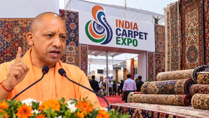 India Carpet Expo Speech and Carpets भदोही में हस्तनिर्मित कालीन और इंडिया कारपेट एक्सपो का प्रतीकात्मक दृश्य